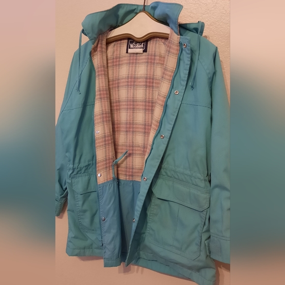 Woolrich Womens Teal Jacket, Pink Plaid Wool Lining Adjustable Waist Size Medium - Picture 3 of 7